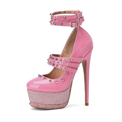 Olomm Handmade Women Platform Pumps Sexy Rivets Stiletto High Heels Pumps Round Toe Pink Party Shoes Women Plus US Size 5-15