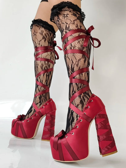 Lolita Pink Sandals Sweet Strappy Platform Thick Heel Women's Pumps Satin Bow Tie Lace-Up Fashion Sandals