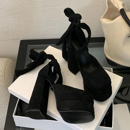 15cm Ultra High heels Fashion Square toe Double Platform Women Pumps Sexy Ankle Strap Mary Jane Wedges Thick Heeled Chunky Shoes