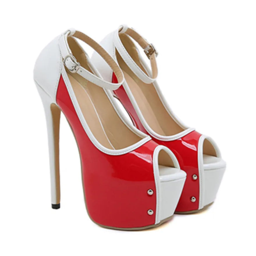 2025 Peep Toe Party Buckle Women Pumps Sexy Patent Leather Shallow Ladies Shoe Platform Thin Heels Female Dress Black Work Shoes