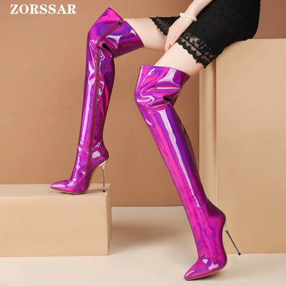 Women Boots Mirror Platform Pointed Toe Sexy High Thin Heels Over The Knee Long Boots Autumn Winter Zip Golden Casual Party Shoe