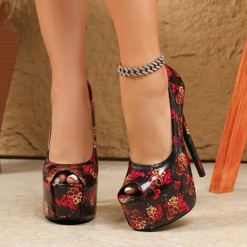Eilyken New Sexy Print Flower Peep Toe Women Pumps Fashion Platform Stiletto High Heels Wedding Stripper Shoes