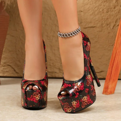 Eilyken New Sexy Print Flower Peep Toe Women Pumps Fashion Platform Stiletto High Heels Wedding Stripper Shoes