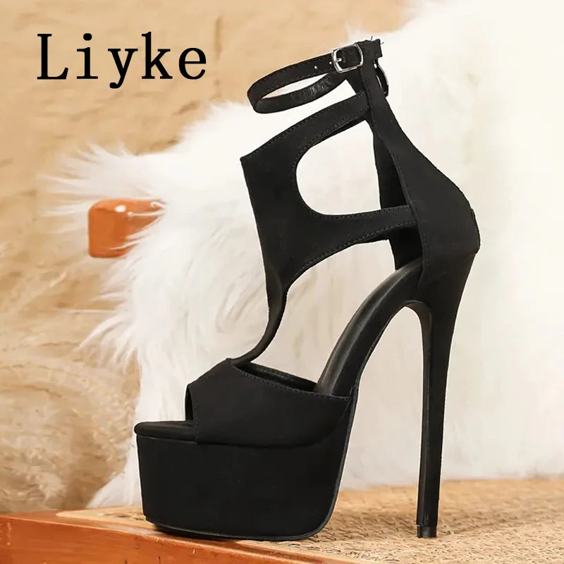 Liyke Model Show Sexy Extreme High Heels Platform Sandals For Women Fashion Zip Buckle Strap Open Toe Banquet Party Dress Shoes