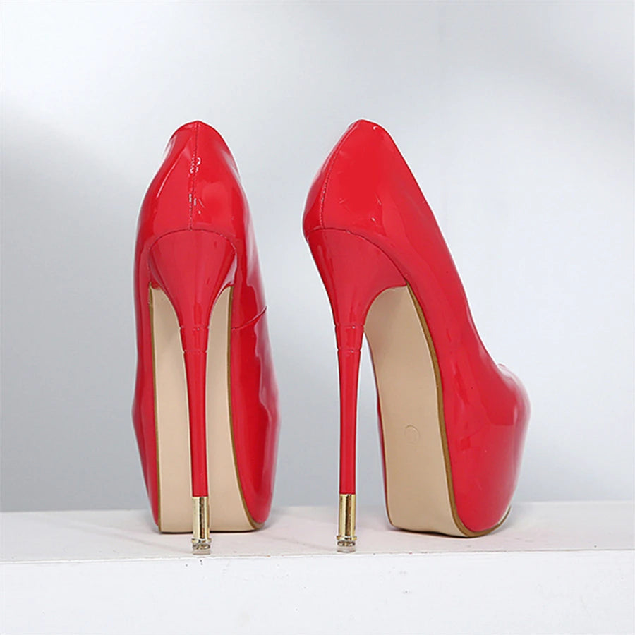 Super High Heels 16cm Red Wedding Women Shoes Black Metal Platform Sexy Patent Leather Round Toe Female Pumps Party 2025 Autumn
