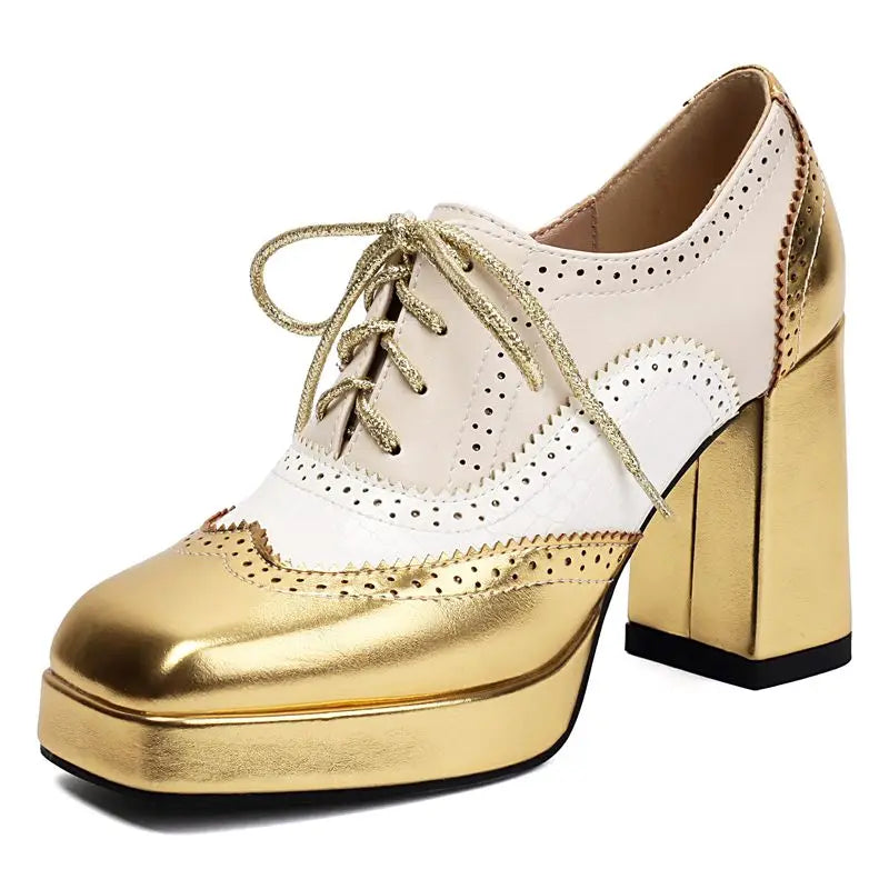 ORCHA LISA Shiny Fashion Women Pumps Square Toe Chunky Heels 9.5cm Platform 2cm Lace Up Mixed Color 44 45 46 47 48 Dating Shoes