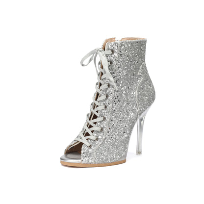 Silver Shiny Platform Pump Dance Shoes Transparent Heel 11.5cm High Dance Heels With Platform Leather Outdoor Dance Shoes