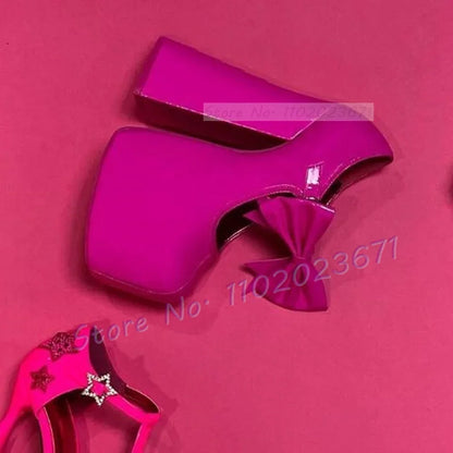 Hot Pink Patent Chunky Heel Bow Sandals Women's Evening Round Toe Platform Pumps Sweet Girl Party Cover Heel Showy Classy Shoes