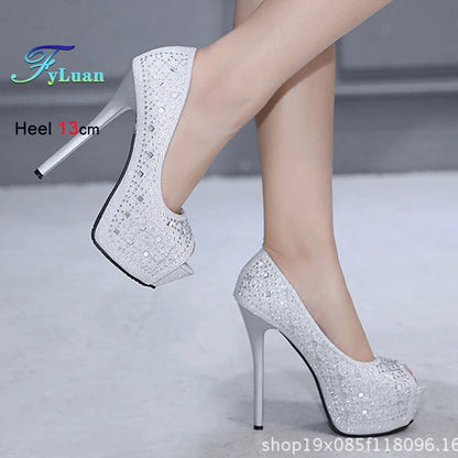 Fashion Women Super High Heels Pumps Waterproof Platform 4cm Fish Mouth Design Peep Toe Shoes Glitter Sequin Cloth Single Shoes