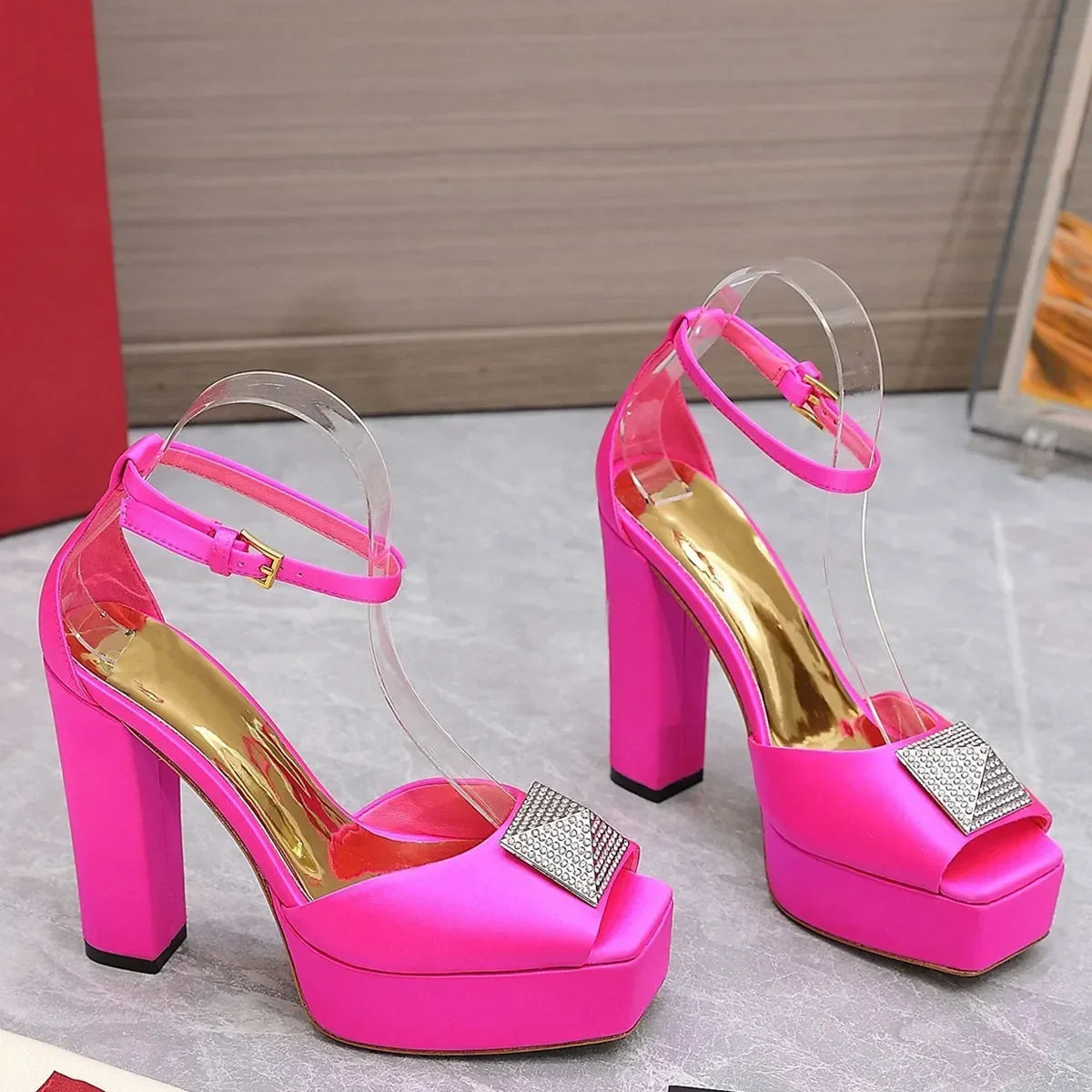 Metal Square Buckle Plaftome Peep Toe Heels Sexy Peep Toe Square Heel Cover Heel Buckle Betl New Arrivals Fashion Women Shoes