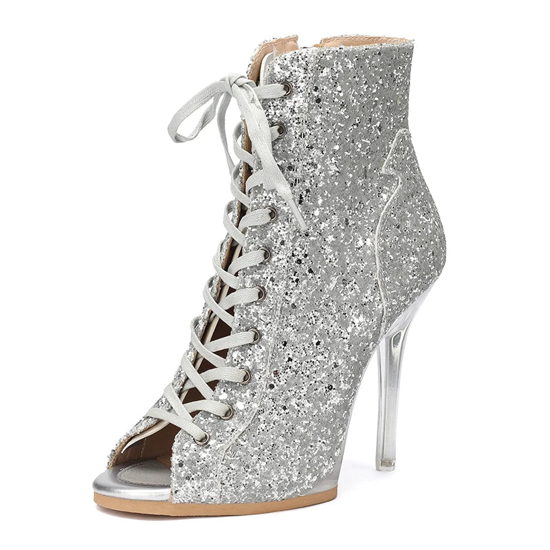 Silver Shiny Platform Pump Dance Shoes Transparent Heel 11.5cm High Dance Heels With Platform Leather Outdoor Dance Shoes