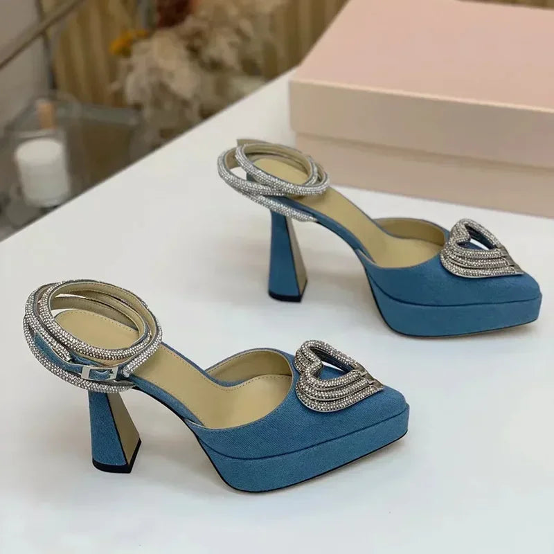Platform Crystal Love Decoration Sandals Sexy Pointed Toe Thin Heel Ankle Buckle Strap New Arrivals Fashion Women Modern Shoes