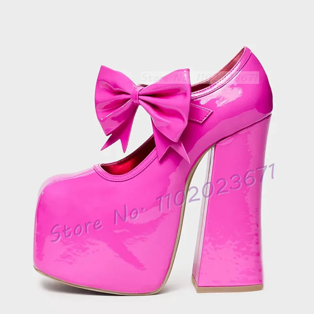 Hot Pink Patent Chunky Heel Bow Sandals Women's Evening Round Toe Platform Pumps Sweet Girl Party Cover Heel Showy Classy Shoes