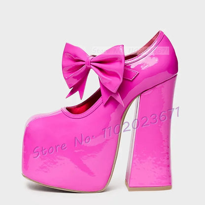 Hot Pink Patent Chunky Heel Bow Sandals Women's Evening Round Toe Platform Pumps Sweet Girl Party Cover Heel Showy Classy Shoes