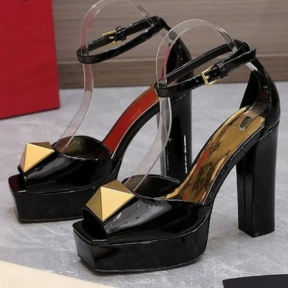 Metal Square Buckle Plaftome Peep Toe Heels Sexy Peep Toe Square Heel Cover Heel Buckle Betl New Arrivals Fashion Women Shoes