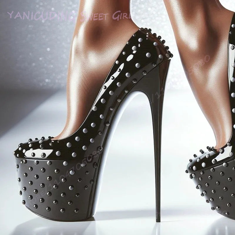 High Platform Black Pump Rivet Stiletto Heels Women Round Toe Sandals Sexy Pole Dance Patent Leather Matte Custom 46Size Shoes