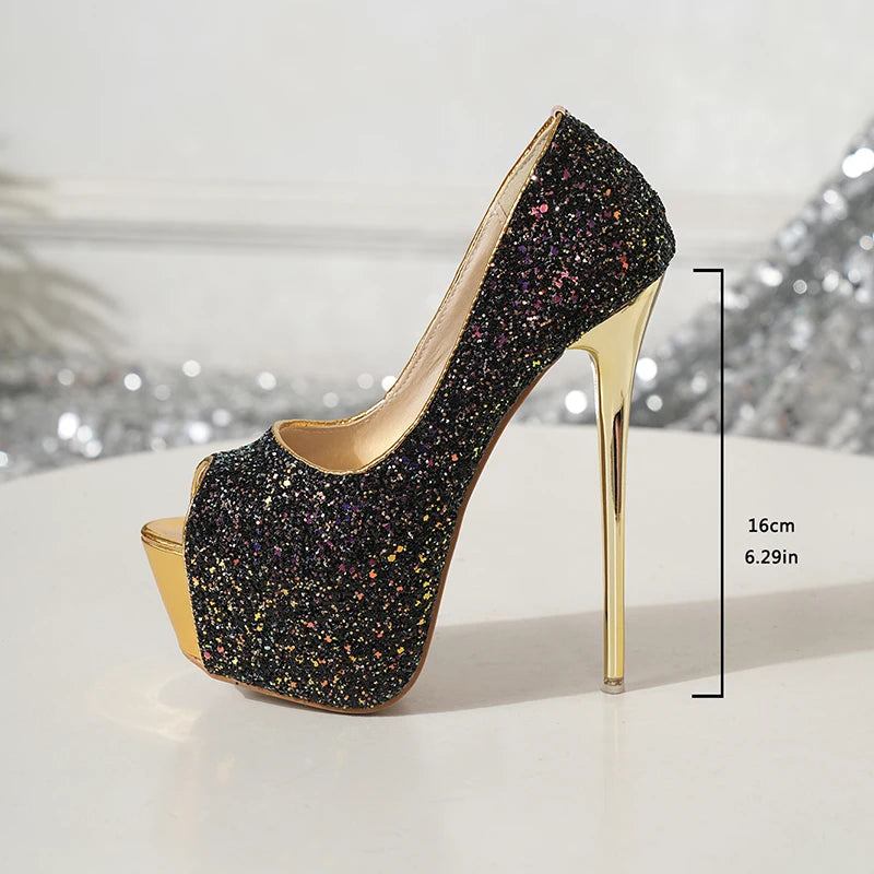 Aneikeh Spring Fashion Platform Pumps Sequined Nightclub High-heeled  Sexy Peep Toe Thin High Heels Women Wedding Party Shoes