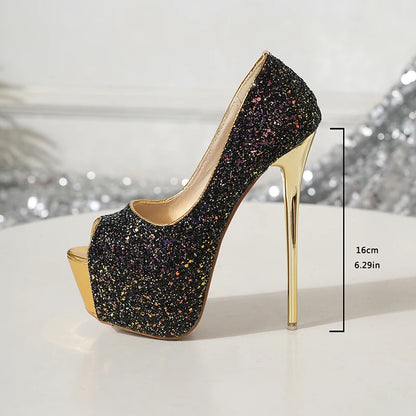 Aneikeh Spring Fashion Platform Pumps Sequined Nightclub High-heeled  Sexy Peep Toe Thin High Heels Women Wedding Party Shoes