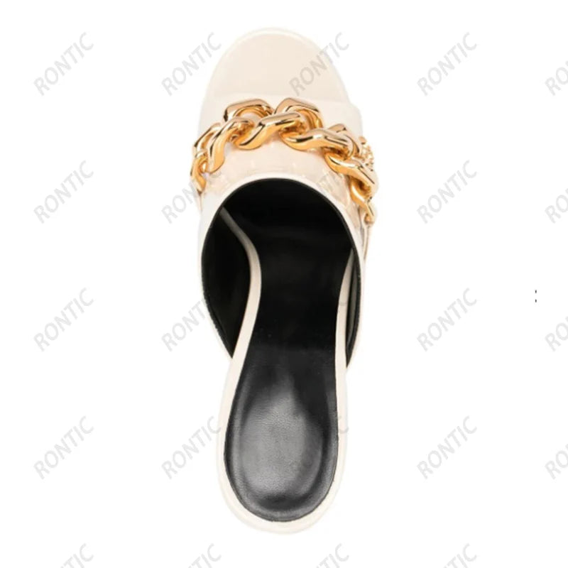 Rontic Women Platform Mules Sandals Genuine Leather Patent Chunky Heels Open Toe Sky Blue Black Beige Party Shoes US Size 5-10.5
