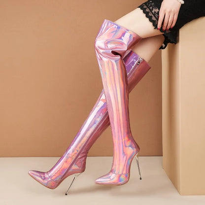Women Boots Mirror Platform Pointed Toe Sexy High Thin Heels Over The Knee Long Boots Autumn Winter Zip Golden Casual Party Shoe