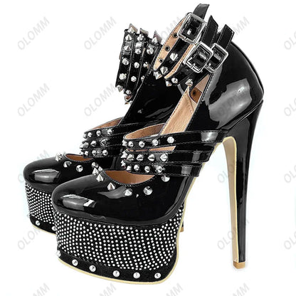 Olomm Handmade Women Platform Pumps Sexy Rivets Stiletto High Heels Pumps Round Toe Pink Party Shoes Women Plus US Size 5-15