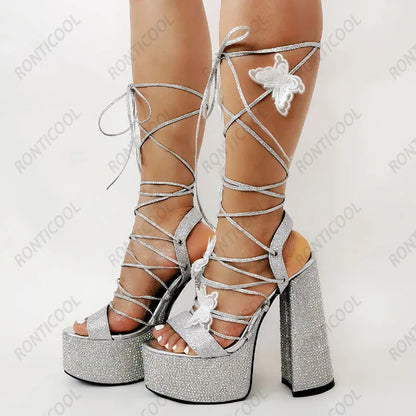 Ronticool New Handmade Women Summer Sandals Shiny Rhinestone Hoof Heels Open Toe Gorgeous Silver Party Shoes US Size 5-15