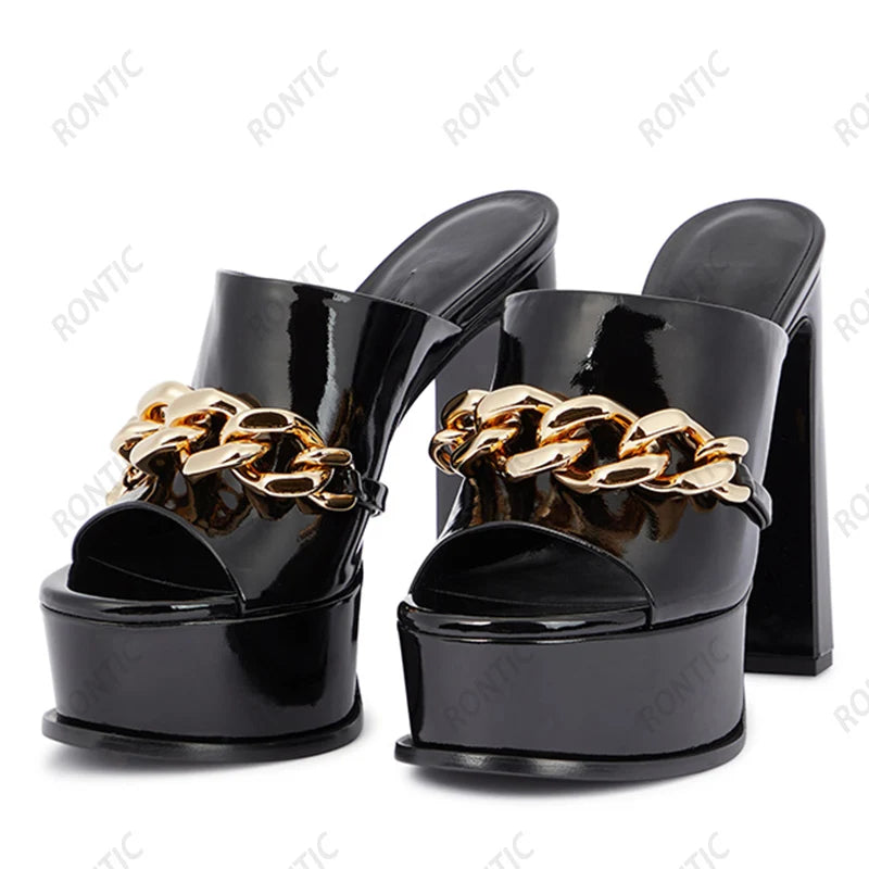 Rontic Women Platform Mules Sandals Genuine Leather Patent Chunky Heels Open Toe Sky Blue Black Beige Party Shoes US Size 5-10.5