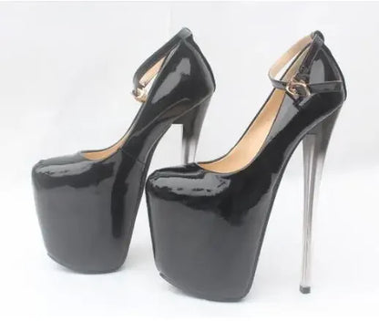 Women 19CM 22CM Thin High Heels Stiletto Pumps Bridal Wedding Shoes Patent Leather Buckle Strap Round Toe Party Shoes Woman