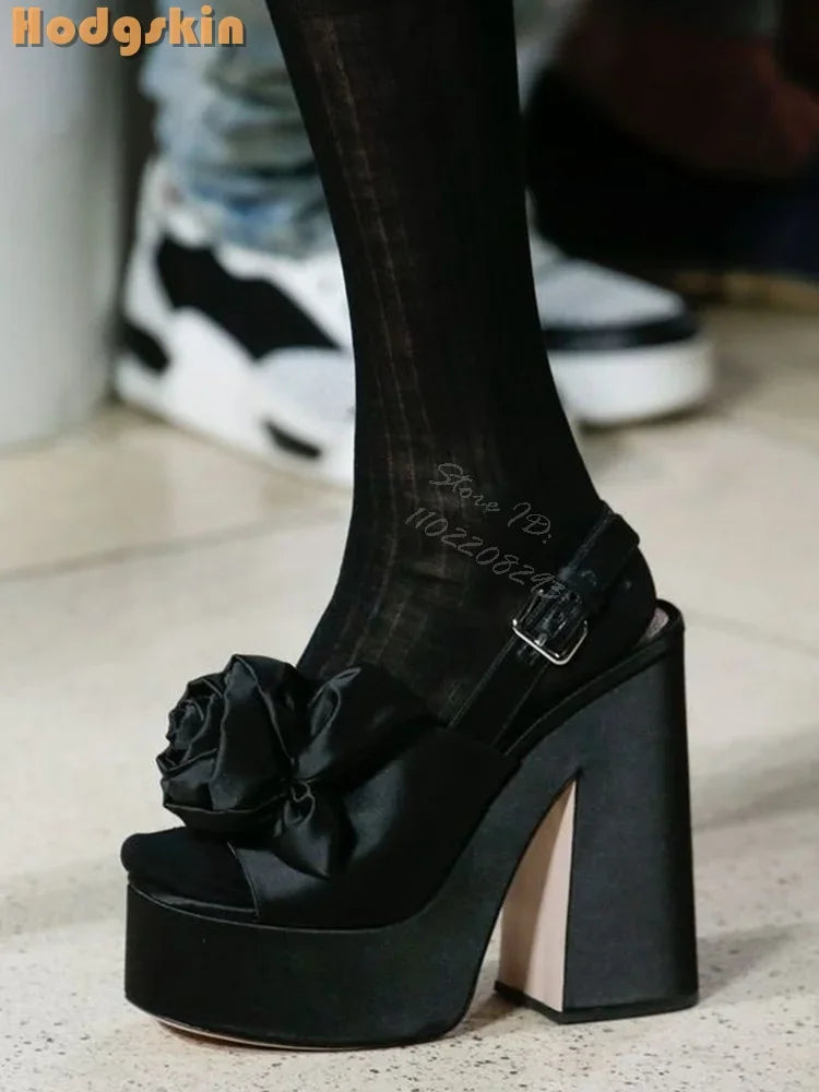 Sexy Flower Square Heel Sandals Satin Solid Round Toe Buckle Straps Pumps 2025 Summer Women New Fashion Party Shoes Platform