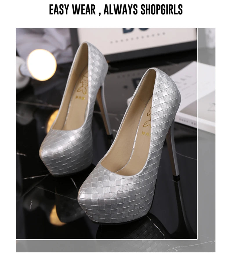 New Autumn 14CM High Heels Women Pumps Round Toe Slip On Stiletto Black Silver Woven Plaid Platform Party Office Lady Shoes Sexy