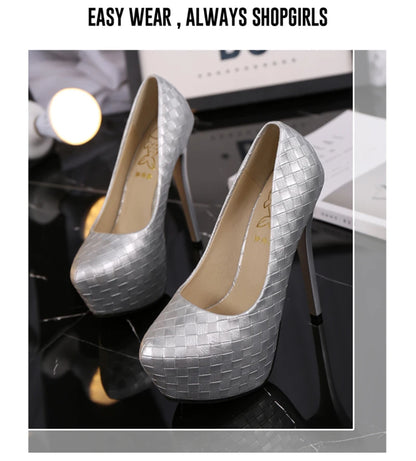 New Autumn 14CM High Heels Women Pumps Round Toe Slip On Stiletto Black Silver Woven Plaid Platform Party Office Lady Shoes Sexy