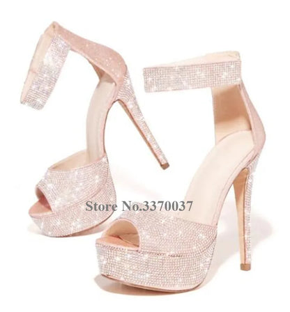 Bling Bling Luxurious Rhinestone Peep Toe Platform Stiletto Heel Pumps Ankle Strap Crystal High Heels Big Size Wedding Shoes