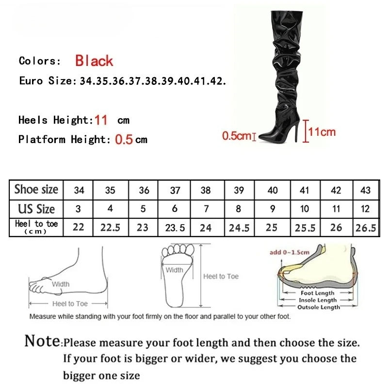 Aneikeh Fashion Pointed Toe Over The Knee Boots Women High Heels Patent Leather Solid Stiletto Side Zipper Sapatos Femininos