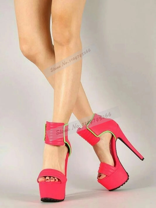 Rose Red Matte Leather Striped High Heel Sandals Platform Wide Band Zipped Dress Shoes Open Toe Gladiator Banquet Pumps