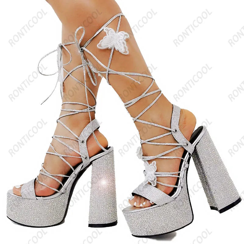 Ronticool New Handmade Women Summer Sandals Shiny Rhinestone Hoof Heels Open Toe Gorgeous Silver Party Shoes US Size 5-15