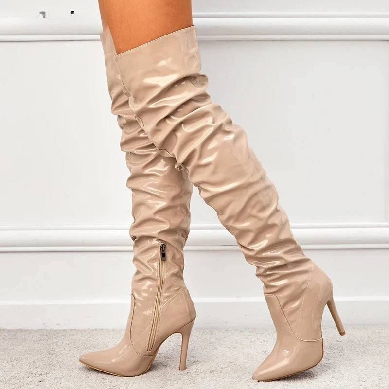 Aneikeh Fashion Pointed Toe Over The Knee Boots Women High Heels Patent Leather Solid Stiletto Side Zipper Sapatos Femininos