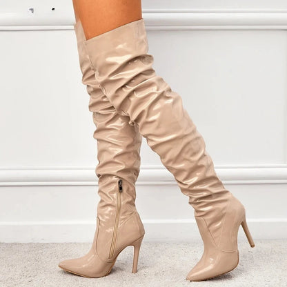 Aneikeh Fashion Pointed Toe Over The Knee Boots Women High Heels Patent Leather Solid Stiletto Side Zipper Sapatos Femininos