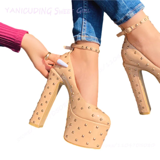 Rose Red Patent Leather Small Metal Rivets Inlaid Platform Pump Girl Cute Party Sweet Heels Round Sandals Nude Skin Khaki Shoes