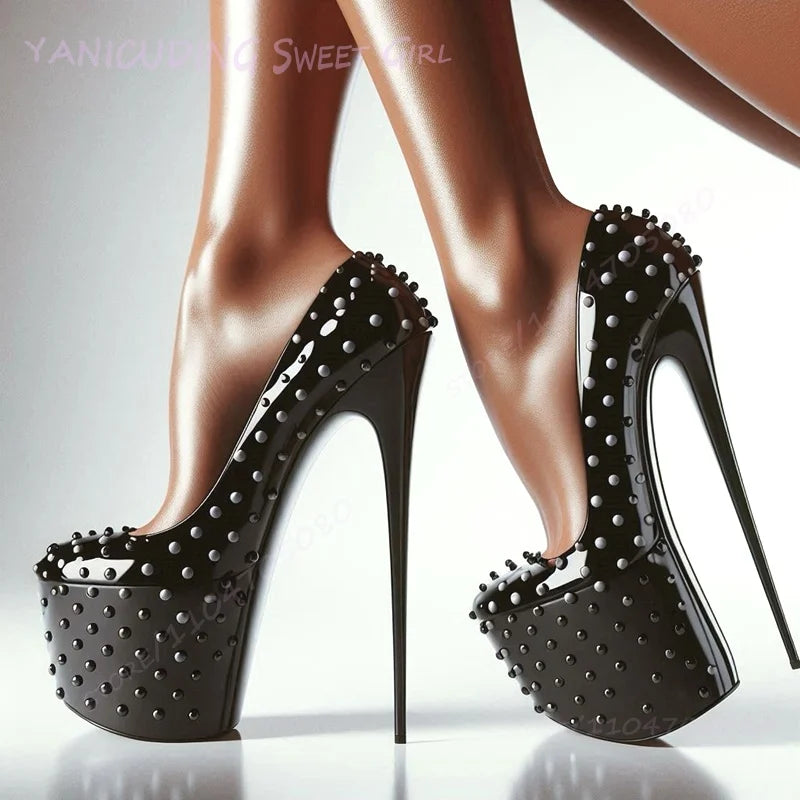 High Platform Black Pump Rivet Stiletto Heels Women Round Toe Sandals Sexy Pole Dance Patent Leather Matte Custom 46Size Shoes