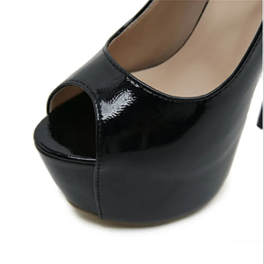 2025 Peep Toe Party Buckle Women Pumps Sexy Patent Leather Shallow Ladies Shoe Platform Thin Heels Female Dress Black Work Shoes