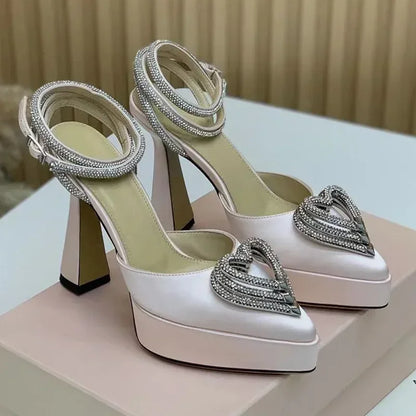 Platform Crystal Love Decoration Sandals Sexy Pointed Toe Thin Heel Ankle Buckle Strap New Arrivals Fashion Women Modern Shoes