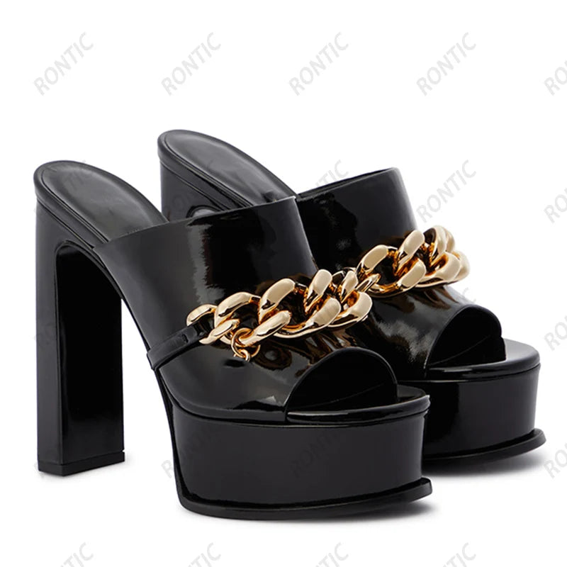 Rontic Women Platform Mules Sandals Genuine Leather Patent Chunky Heels Open Toe Sky Blue Black Beige Party Shoes US Size 5-10.5