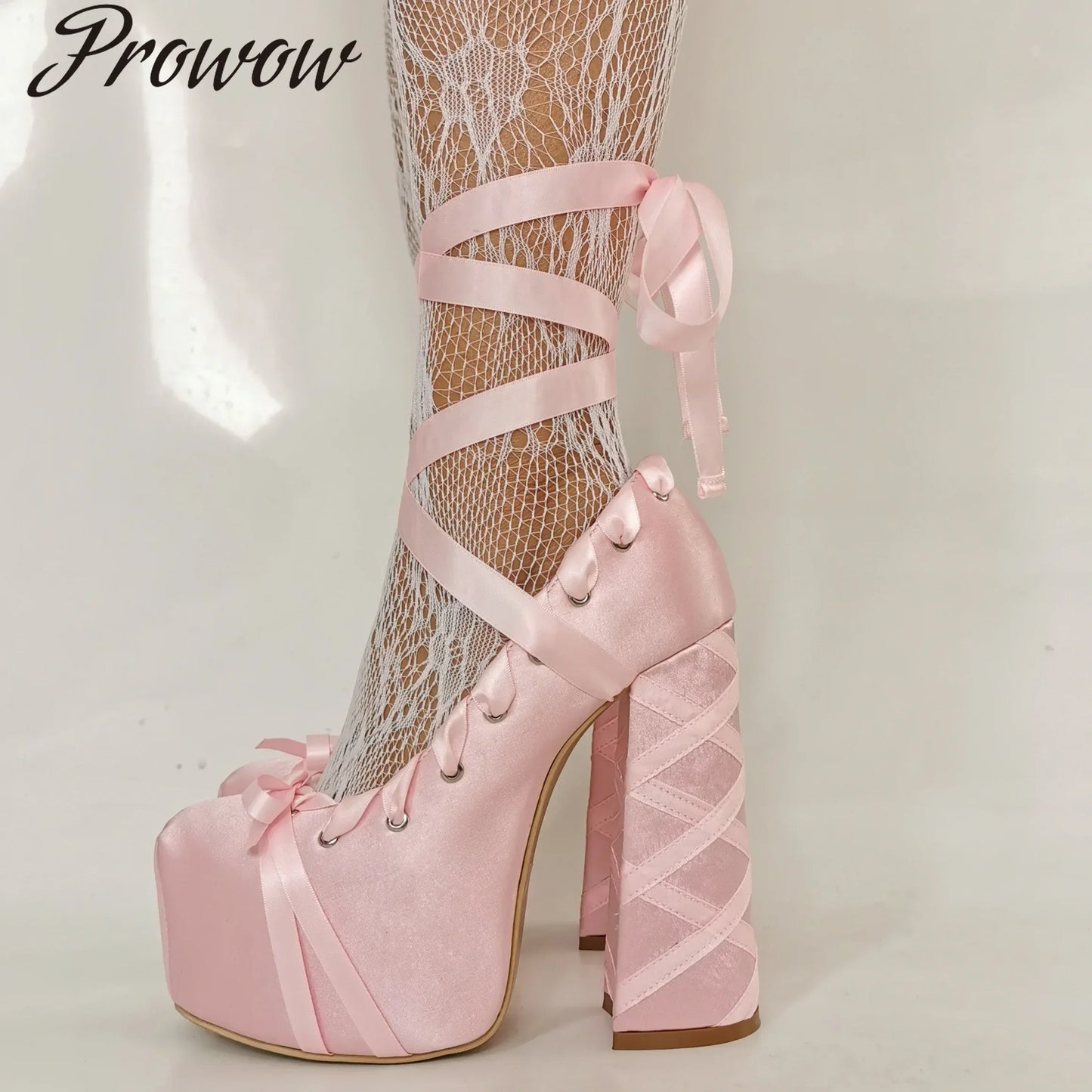 Lolita Pink Sandals Sweet Strappy Platform Thick Heel Women's Pumps Satin Bow Tie Lace-Up Fashion Sandals