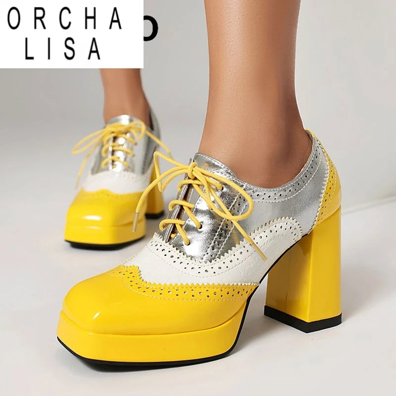 ORCHA LISA Shiny Fashion Women Pumps Square Toe Chunky Heels 9.5cm Platform 2cm Lace Up Mixed Color 44 45 46 47 48 Dating Shoes