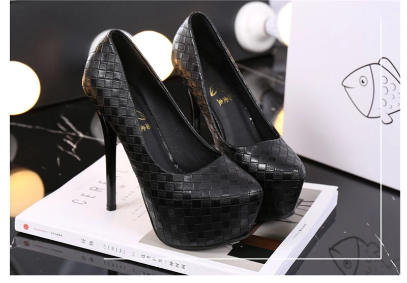New Autumn 14CM High Heels Women Pumps Round Toe Slip On Stiletto Black Silver Woven Plaid Platform Party Office Lady Shoes Sexy