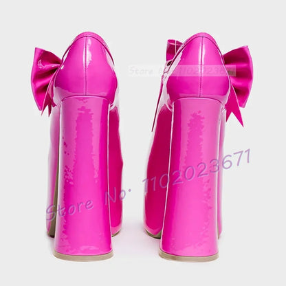 Hot Pink Patent Chunky Heel Bow Sandals Women's Evening Round Toe Platform Pumps Sweet Girl Party Cover Heel Showy Classy Shoes