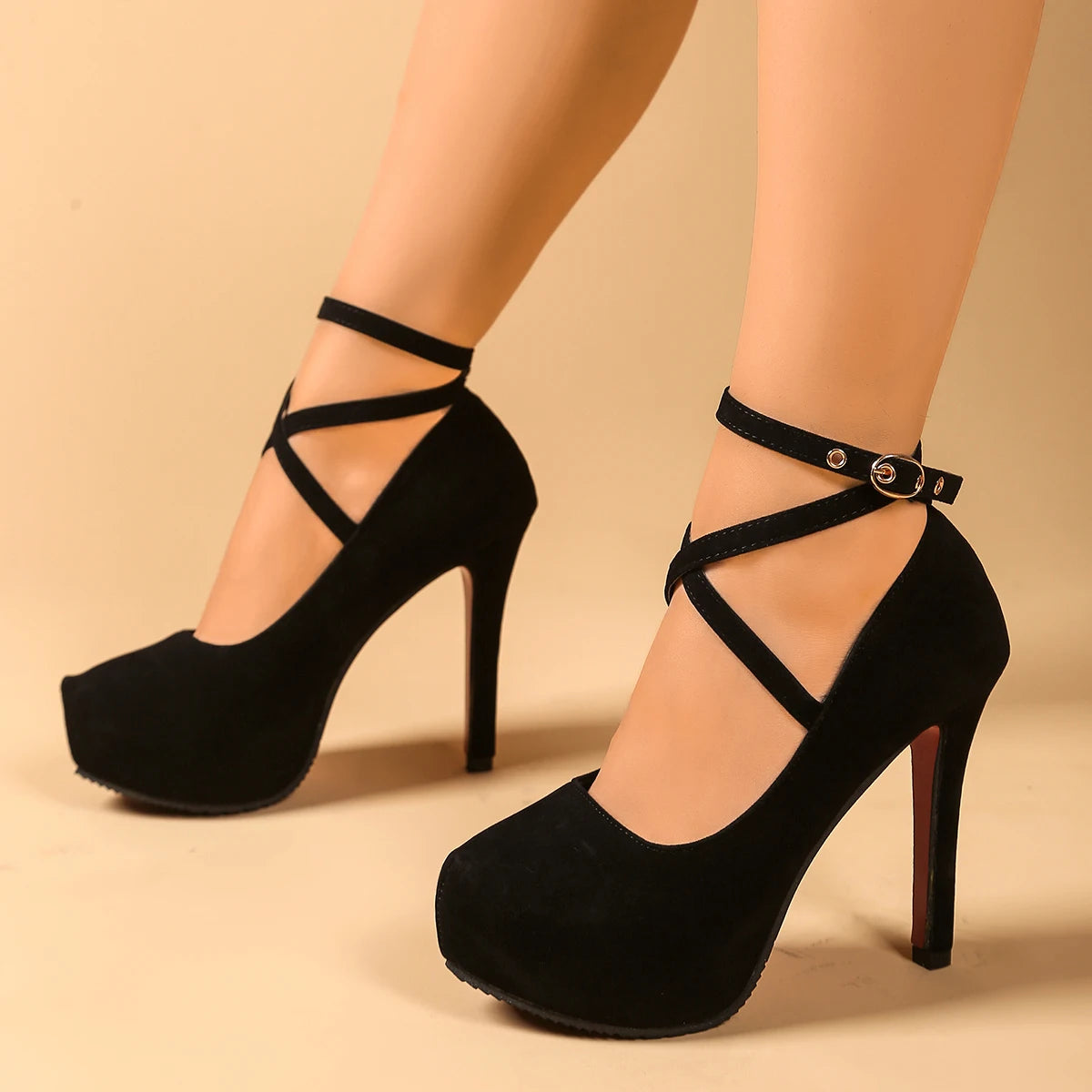 Woman Pumps Cross-Tied Ankle Strap Wedding Party Shoes Platform Dress Women Shoes High Heels Suede Plus Size High Heels Ladies