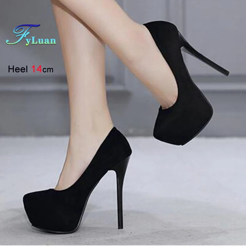 High Heels 12cm 14cm Women Pumps Fashion Flock Round Toe Platform Wedding Single Shoes Casual Thin Heels Ladies Super High Heels