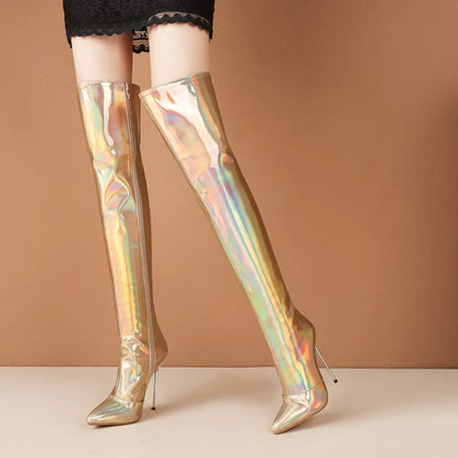 Women Boots Mirror Platform Pointed Toe Sexy High Thin Heels Over The Knee Long Boots Autumn Winter Zip Golden Casual Party Shoe