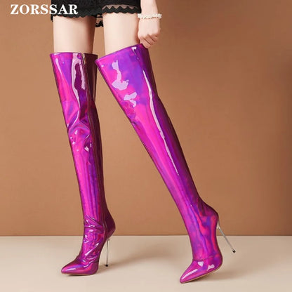 Women Boots Mirror Platform Pointed Toe Sexy High Thin Heels Over The Knee Long Boots Autumn Winter Zip Golden Casual Party Shoe